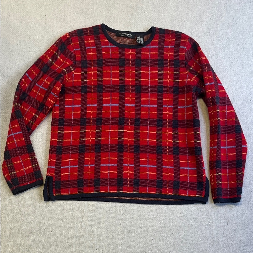 Vintage Liz Claiborne Red Plaid Wool Blend Knit Sweater Size Small